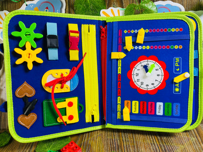 Educational toy book with various interactive elements 