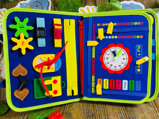 Educational toy book with various interactive elements 