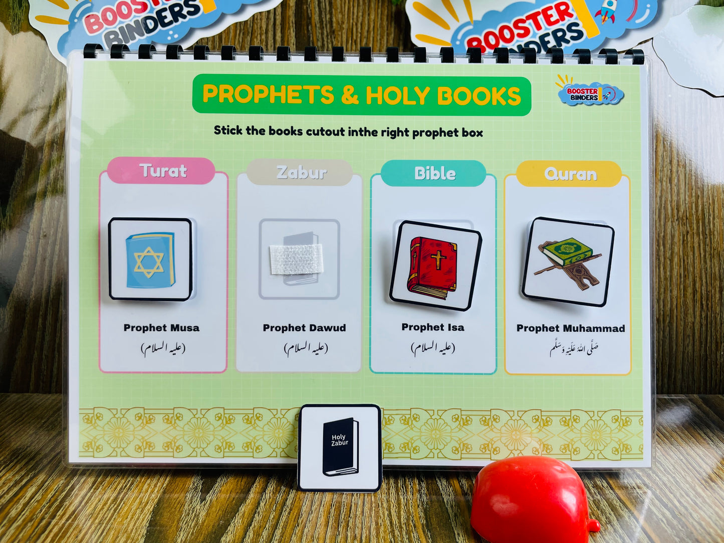 Educational card with cutout icons for Prophets and Holy Books on a wooden surface.