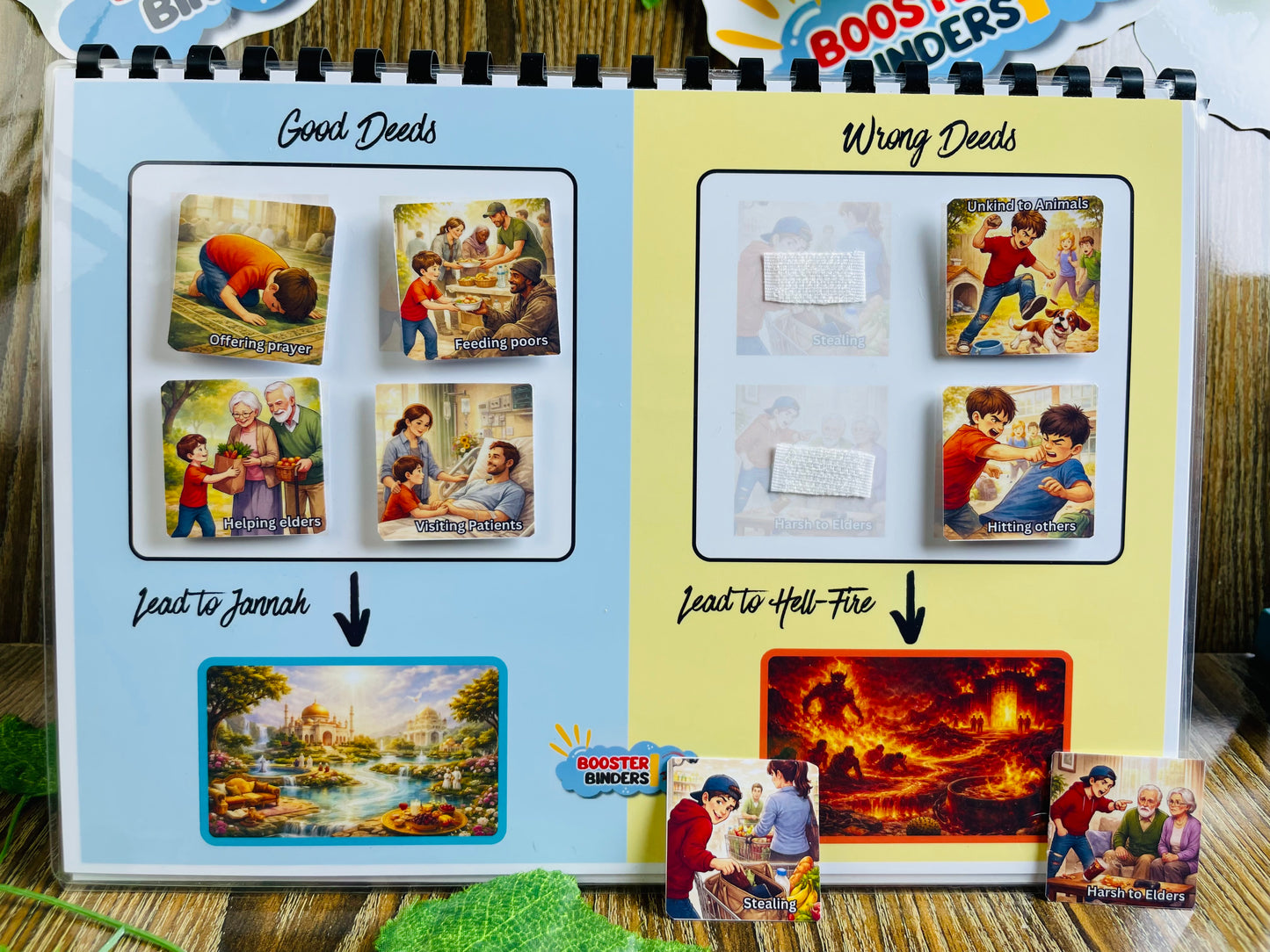 Educational book with illustrations of good and wrong deeds and consequences 