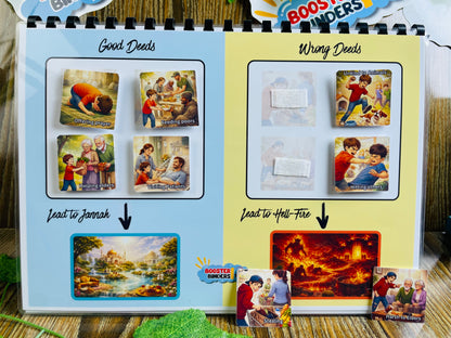 Educational book with illustrations of good and wrong deeds and consequences 